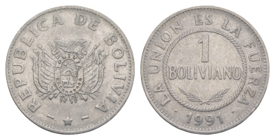 Боливия 1 боливиано 1991 KM 205 нержавеющая сталь 4638-313