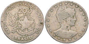 Бразилия 200 реалов 1901 MCMI, голова свободы вправо KM 504 медно-никель 4612-156
