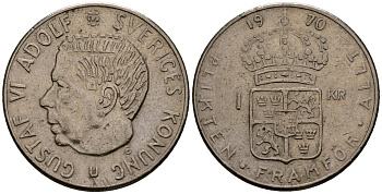 Швеция 1 крона 1970 U, Густав VI Адольф (1950-1973) KM 826а медь плакированная медно-никелем 4176-516