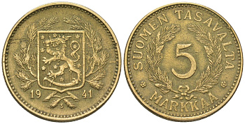 Финляндия 5 марок 1941 S KM 31 алюминиевая бронза 4586-124