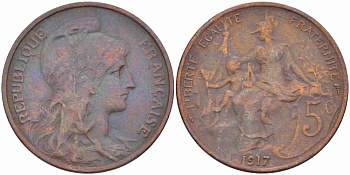 ФРАНЦИЯ 5 САНТИМОВ 1917 ТИП ДАНИЭЛЬ ДЮПЮИ KM 842, LE FRANC 119.30 бронза 108-1015