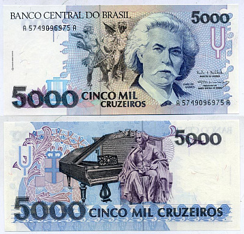 Бразилия 5000 крузейро ND (1990-1993) серия А 5749, Карлось Гомес, музыкант, рояль Pick 232с бумага UNC (пресс) 6289-34-4-2