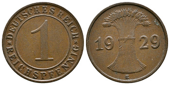 ГЕРМАНИЯ 1 РЕЙХСПФЕННИГ 1929 E KM 37, J. 313 бронза 4380-1162