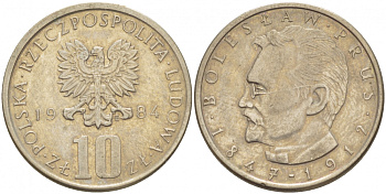 ПОЛЬША 10 ЗЛОТЫХ 1984 MW, БОЛЕСЛАВ ПРУС KM 73 медно-никель 4519-1036