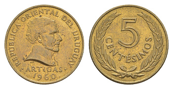 Уругвай 5 сентесимо 1960 KM 38 никель латунь UNC 4643-817