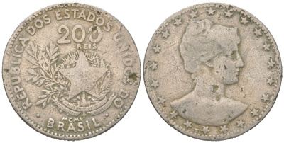 Бразилия 200 реалов 1901 MCMI, голова свободы вправо KM 504 медно-никель 4612-156