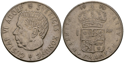 Швеция 1 крона 1970 U, Густав VI Адольф (1950-1973) KM 826а медь плакированная медно-никелем 4176-516