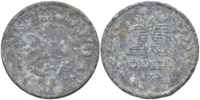 НИДЕРЛАНДЫ 25 ЦЕНТОВ 1943 ВИЛЬГЕЛЬМИНА I (1891-1948), ГЕРМАНСКАЯ ОККУПАЦИЯ, ВТОРАЯ МИРОВАЯ ВОЙНА KM 174 цинк 4548-855