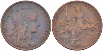 ФРАНЦИЯ 5 САНТИМОВ 1917 ТИП ДАНИЭЛЬ ДЮПЮИ KM 842, LE FRANC 119.30 бронза 108-1015