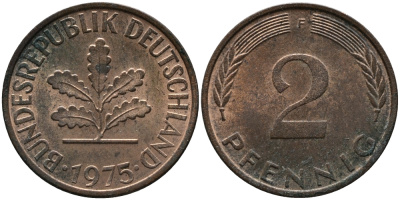ФРГ 2 пфеннига 1975 F KM 106а, J.381а сталь плакированная медью 99-224