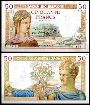 Франция 50 франков 1938 Pick 85 b бумага 7198-23-2-2