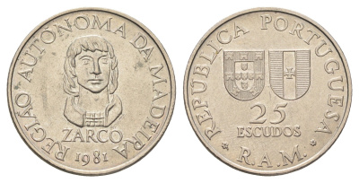 Португалия, Мадейра 25 эскудо 1981 KM 4 медно-никель UNC 4660-943