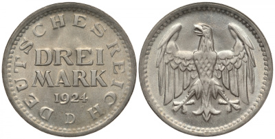 Германия 3 марки 1924 D, Веймарская Республика, цена по каталогу MT 350 евро Weege 19, J. 312, KM 43 серебро  UNC  00-803-52