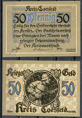 Германия, Косфельд 50 пфеннигов 1918 нотгельд, 6 цифр в номере Tieste 1185.05.02 бумага UNC (пресс) 444-78-2-2