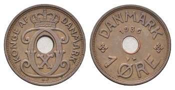 Дания 1 эре 1936 N, Кристиан X (1912-1947) KM 826 бронза 4701-567