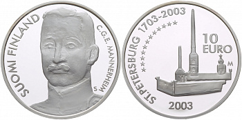 Финляндия 10 евро 2003 S-M, Карл Маннергейм, 300 лет основания Санкт-Петербурга, Петропавловская крепость KM 112 серебро PROOF 05-091-13
