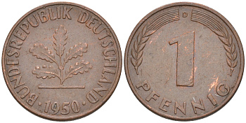 ФРГ 1 пфенниг 1950 D KM 105, J.380 сталь плакированная медью 187-851