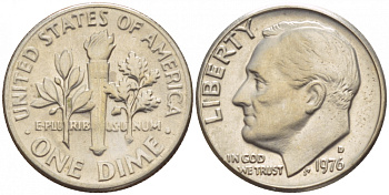 США 10 ЦЕНТОВ = 1 ДАЙМ 1976 D, РУЗВЕЛЬТ KM 195а медь плакированная медно-никелем 4547-946