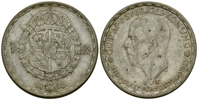 Швеция 1 крона 1950 TS, Густав VI Адольф (1950-1973) KM 814 серебро 4177-954