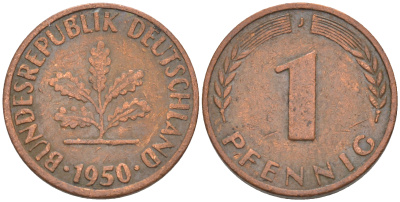 ФРГ 1 пфенниг 1950 J KM 105, J.380 сталь плакированная медью 187-854