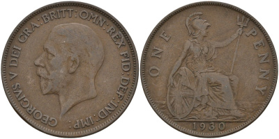 Великобритания 1 пенни 1930 Георг V (1910 - 1936) KM 838 бронза 4144-841