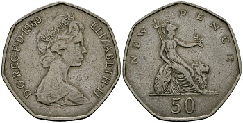 Великобритания 50 пенсов 1969 Елизавета II (1952-2022) KM 913, Spink 4223 (H1) медно-никель 4137-344