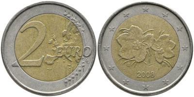 ФИНЛЯНДИЯ 2 ЕВРО 2008 М, ЦВЕТЫ МОРОШКИ KM 105 биметалл 34-346