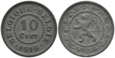 БЕЛЬГИЯ 10 САНТИМОВ 1916 BELGIQUE-BELGIE KM 81 цинк 34-1123