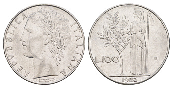 Италия 100 лир 1983 R, Афина в доспехах KM 96.1 нержавеющая сталь 4556-311