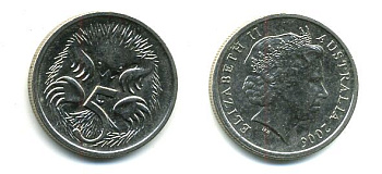 АВСТРАЛИЯ 5 ЦЕНТОВ 2006 ЕЛИЗАВЕТА II, ТРЕТИЙ ПОРТРЕТ, ЕХИДНА KM 401 медно-никель 46-2242