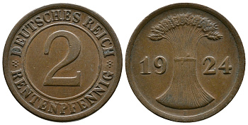 ГЕРМАНИЯ 2 РЕНТЕНПФЕННИГА 1924 E KM 31, J.307 бронза 86-1654