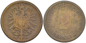 ГЕРМАНИЯ 2 ПФЕННИГА 1876 D, СТАРОГЕРБОВКА KM 2, J. 2, Weege 3 медь 212-625