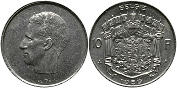 БЕЛЬГИЯ 10 ФРАНКОВ 1969 BELGIE, БОДУЭН I (1951-1993) KM 156.1 никель 3333-1035