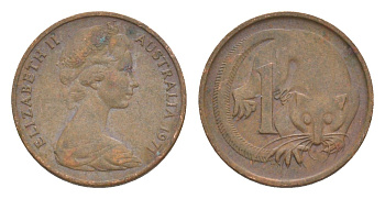 Австралия 1 цент 1970 Елизавета II (1952-2022), молодой портрет, опоссум KM 62 бронза 4585-244