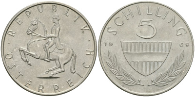Австрия 5 шиллингов 1969 KM 2889a медно-никель UNC 4579-341