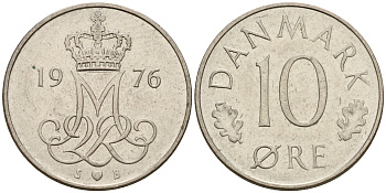 Дания 10 эре 1976 S; B, Маргрете II (1972- ) KM 860.1 медно-никель 4189-232
