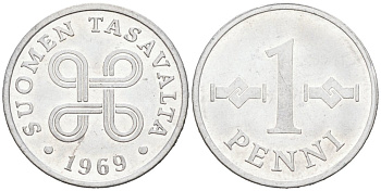 Финляндия 1 пенни 1969 KM 44а алюминий 4564-856