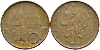 ЧЕХИЯ 10 КРОН 1994 KM 4 сталь плакированная медью 4397-414