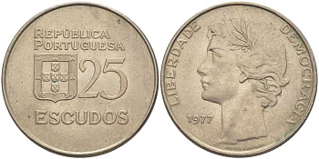 ПОРТУГАЛИЯ 25 ЭСКУДО 1977 KM 607 медно-никель 93-1454
