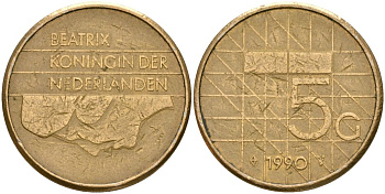 Нидерланды 5 гульденов 1990 Беатрикс (1980-2013) KM 210 Никель с бронзовым покрытием 4165-342