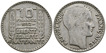 Франция 10 франков 1932 Пьер Тюрен KM 878, Le Franc 360.5 серебро 79-1544
