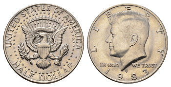 США 1/2 доллара (50 центов) 1983 P, Джон Кеннеди KM A202b медь плакированная медно-никелем UNC 4672-621