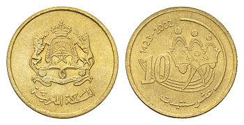Марокко 10 сантимов 2002 AH 1423, год-тип Y 114 медь алюминий цинк олово UNC 4669-462