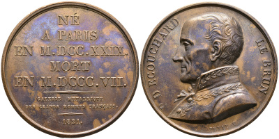 ФРАНЦИЯ МЕДАЛЬ 1821 ПОЭТ ПОНС ДЕНИ ЭКУШАР-ЛЕБРЕН, РОДИЛСЯ В 1729 УМЕР В 1807, ИЗ СЕРИИ МЕДАЛЕЙ УВЕКОВЕЧИВАЮЩИХ ВЕЛИКИХ ЛЮДЕЙ ФРАНЦИИ, диаметр 41,5 мм., вес 30,74 гр. бронза 01-107-15