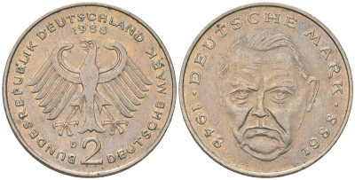 ФРГ 2 марки 1988 D, Людвиг Эрхард, 40 лет Федеративной Республике KM 170 медно-никель 4572-1114