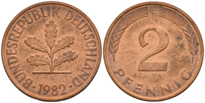 ФРГ 2 пфеннига 1982 D J.381a, KM 106a сталь плакированная медью    4598-861