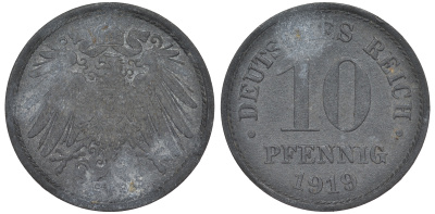 ГЕРМАНИЯ 10 ПФЕННИГОВ 1919 KM 26, J. 299 цинк 45-1252