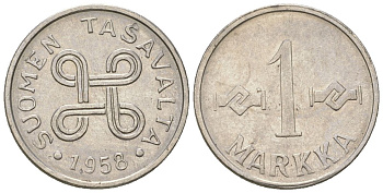 Финляндия 1 марка 1958 KM 36a сталь плакированная железом 4173-1251