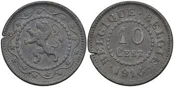 БЕЛЬГИЯ 10 САНТИМОВ 1916 НЕМЕЦКАЯ ОККУПАЦИЯ KM 81 цинк 4589-741