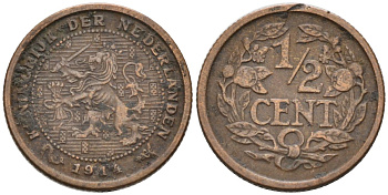 Нидерланды 1/2 цента 1914 Вильгельмина (1890-1948) KM 138 бронза 4576-351